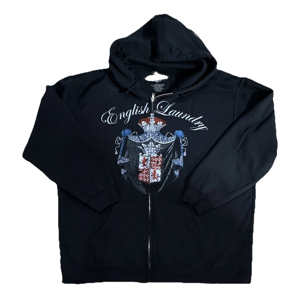 English Laundry Men's Full Zip Hoodie 2XL Black Fleece Graphic Hood Pockets